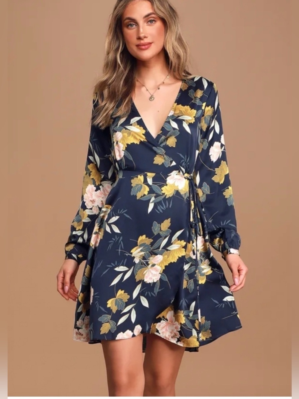 Lulu's Navy Floral Wrap Dress with Yellow & Pink Blooms